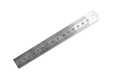 Metal cetvel, beyaz, üst görünümde izole edilmiş santimetrelik uzunluk işaretleriyle ölçer.