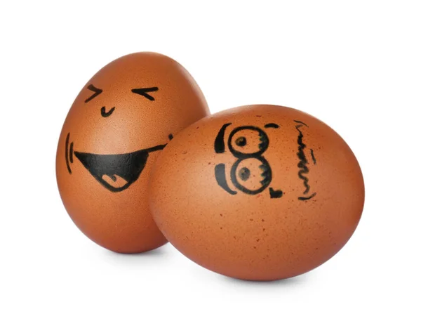 Bruine Eieren Met Getrokken Blije Droevige Gezichten Witte Achtergrond — Stockfoto