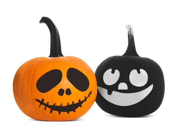 Calabazas Halloween Con Caras Dibujadas Miedo Sobre Fondo Blanco —  Fotos de Stock