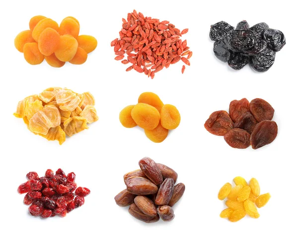Set Různými Chutné Sušené Ovoce Bílém Pozadí — Stock fotografie