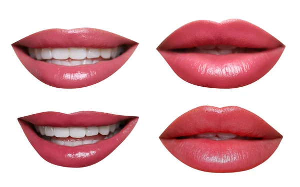 Aantrekkelijke Lippen Met Mooie Lippenstiften Geïsoleerd Wit Collage — Stockfoto