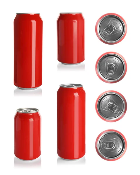 Set Met Aluminium Drankblikjes Witte Achtergrond — Stockfoto