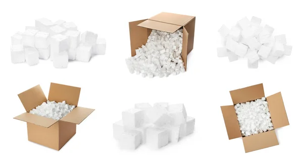 Kartondobozos Készlet Styrofoam Kockákkal Fehér Alapon — Stock Fotó