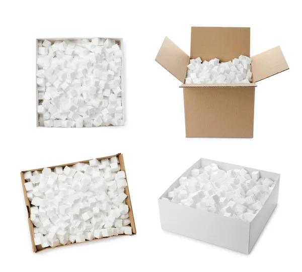 Conjunto Com Caixas Papelão Com Cubos Isopor Sobre Fundo Branco — Fotografia de Stock