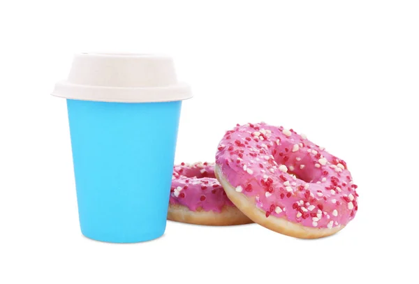 Dois Deliciosos Donuts Com Polvilhas Bebida Quente Isolada Branco — Fotografia de Stock
