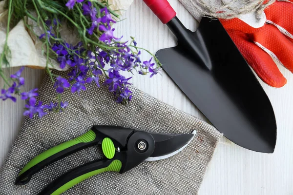 Flat Lay Composition Secateurs Flowers Other Gardening Tools Wooden Table — Stock Photo, Image