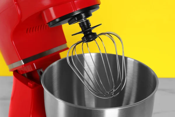 Closeup View Modern Red Stand Mixer Yellow Background — Stock Photo, Image