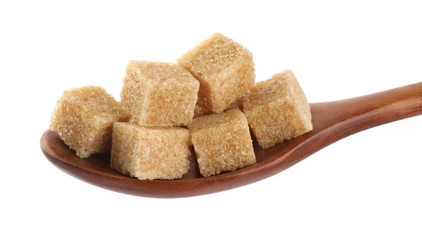 Brown Sugar Cubes Wooden Spoon Isolated White Closeup — Fotografia de Stock