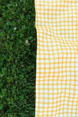 Taze yeşil çimenler üzerinde piknik örtüsü, üst manzara. Metin için boşluk