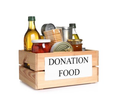Donation crate with food isolated on white