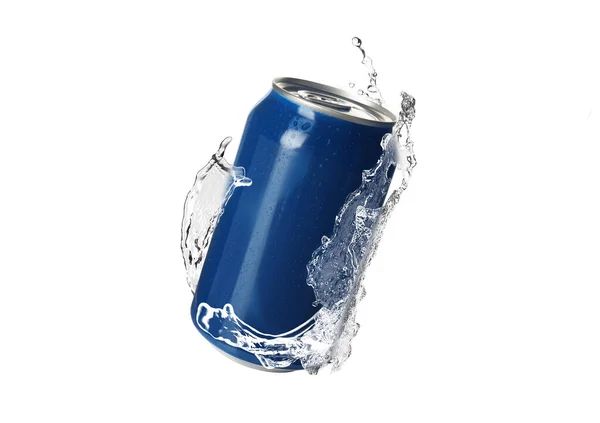Blauw Aluminium Blik Met Plons Water Witte Achtergrond — Stockfoto