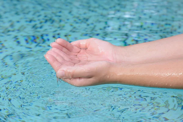Girl Holding Water Hands Pool Closeup —  Fotos de Stock