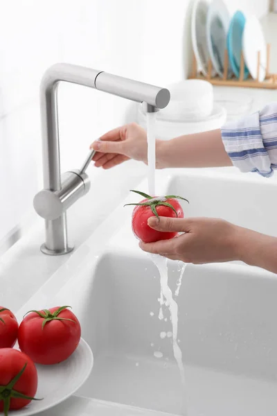 Woman Washing Fresh Ripe Tomato Tap Water Kitchen Closeup — Stok fotoğraf