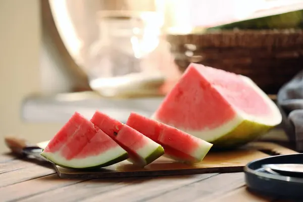 Sliced Fresh Juicy Watermelon Wooden Table Closeup —  Fotos de Stock