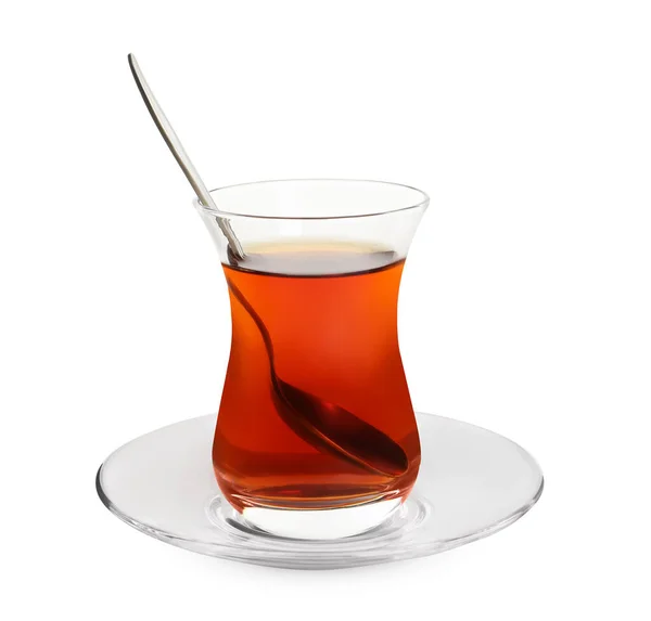 Egy Pohár Hagyományos Török Tea Kanállal Elszigetelt Fehér — Stock Fotó