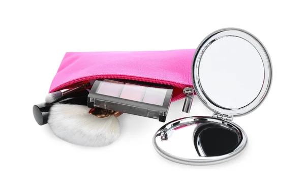 Snygg Ficka Spegel Och Kosmetisk Väska Med Makeup Produkter Vit — Stockfoto