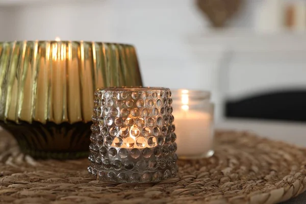 Burning Candles Beautiful Glass Holders Table Indoors Closeup Space Text — Stock Photo, Image