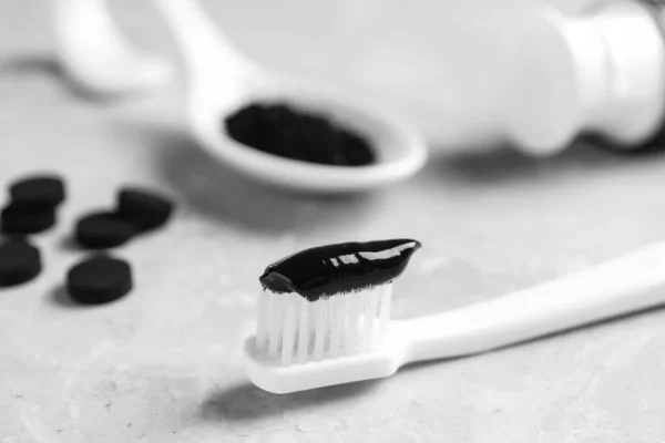 Brush Charcoal Toothpaste Light Grey Table Closeup — Stock Photo, Image