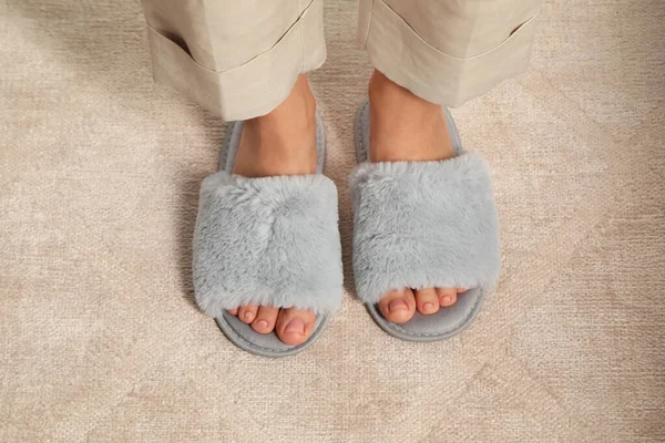 Woman Wearing Soft Slippers Home Closeup — Stock Photo, Image