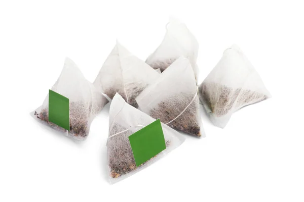 Many New Pyramid Tea Bags White Background — Stock Photo, Image