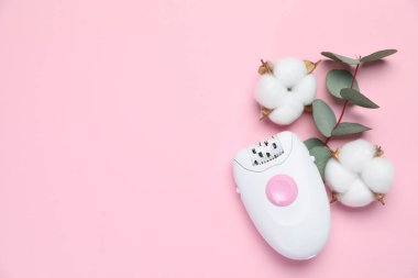 Modern epilator, pofuduk pamuk çiçekleri ve pembe arka planda okaliptüs dalı. Metin için boşluk