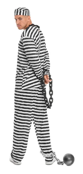 Prisoner Striped Uniform Chained Hands Metal Ball White Background — Stock Fotó