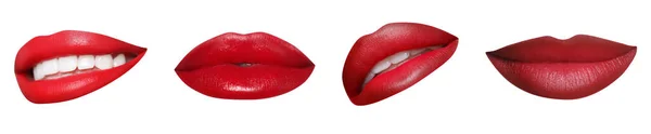 Atrakcyjne Usta Pięknymi Szminkami Wyizolowane Białym Kolażu Projekt Banera — Zdjęcie stockowe