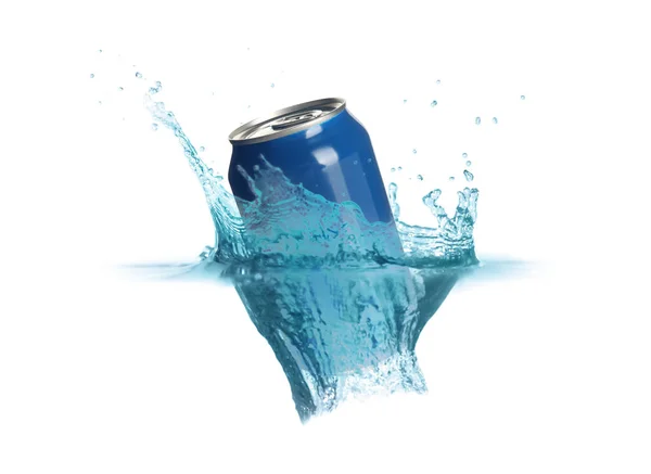 Blauw Aluminium Blik Met Plons Water Witte Achtergrond — Stockfoto