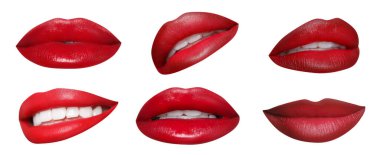 Güzel rujlu çekici dudaklar beyaza izole edilmiş, kolaj. Pankart tasarımı