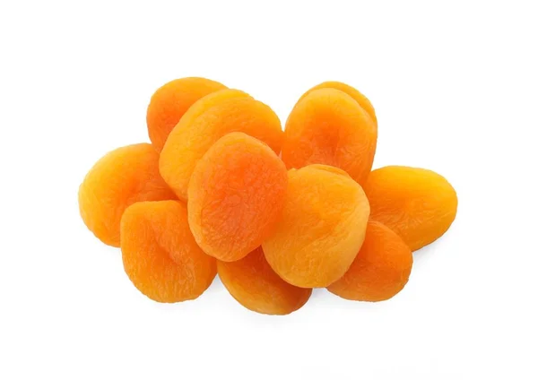 Högen Med Välsmakande Aprikoser Vit Bakgrund Ovanifrån Torkade Frukter — Stockfoto