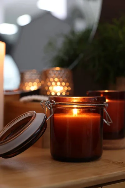 Lit Candles Wooden Dressing Table Indoors — Stock Photo, Image