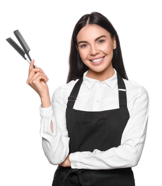 Portret Van Vrolijke Kapper Met Professionele Kammen Witte Achtergrond — Stockfoto