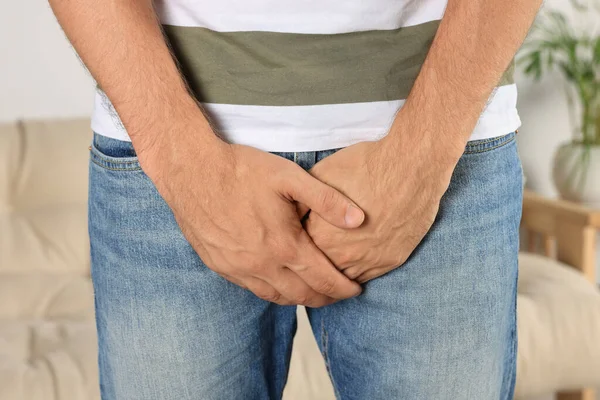 Man Suffering Genital Herpes Home Closeup — Zdjęcie stockowe
