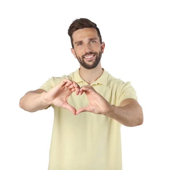 Happy Man Making Heart Hands White Background — 스톡 사진