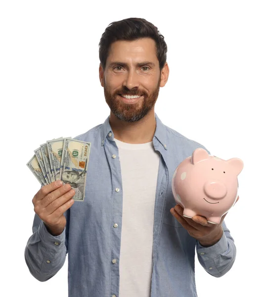 Happy Man Money Piggy Bank White Background — Stock Photo, Image