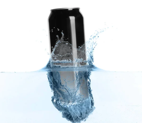 Lata Aluminio Negro Con Salpicadura Agua Sobre Fondo Blanco — Foto de Stock