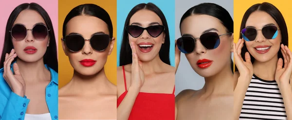 Collage Con Fotos Mujer Con Gafas Sol Con Estilo Diferentes — Foto de Stock
