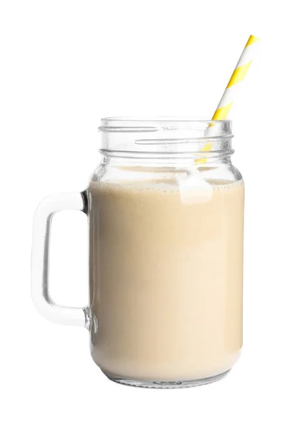 Einmachglas Mit Leckerem Bananen Smoothie Auf Weißem Hintergrund — Stockfoto