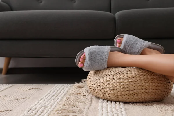 Woman Wearing Grey Soft Slippers Room Closeup Space Text — Stock Photo, Image