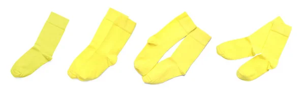 Set Páry Žlutých Ponožek Bílém Pozadí Horní Pohled Návrh Nápisu — Stock fotografie