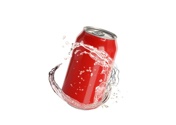 Boîte Aluminium Rouge Avec Éclaboussure Eau Sur Fond Blanc — Photo