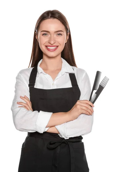 Retrato Cabeleireiro Feliz Com Pentes Fundo Branco — Fotografia de Stock