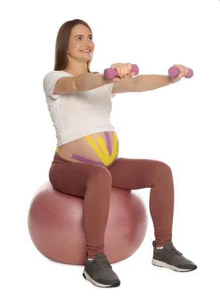 Femme Enceinte Sportive Avec Bandes Kinesio Faire Des Exercices Sur — Photo