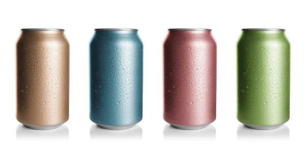 Set Con Diferentes Latas Aluminio Color Bebida Sobre Fondo Blanco — Foto de Stock