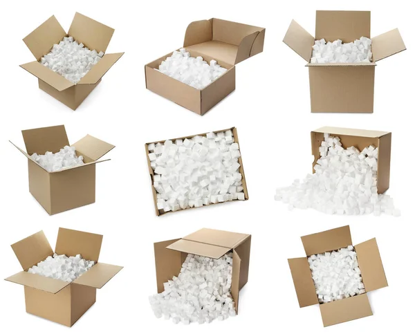 Набір Картонними Коробками Кубиками Пінопласту Білому Тлі — стокове фото