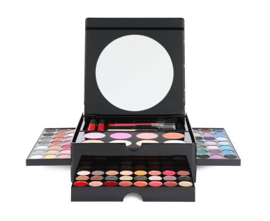 Large makeup case with different decorative cosmetics and mirror isolated on white