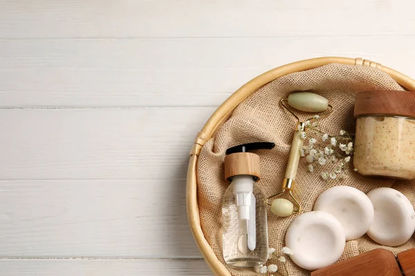 Spa Gift Set Personal Products White Wooden Table Top View — Stock Photo, Image