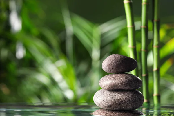 Gestapelte Steine Auf Der Wasseroberfläche Gegen Bambusstämme Und Grüne Blätter — Stockfoto