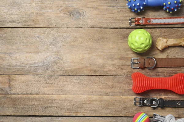 Flat lay composition with dog collars and toys on wooden table. Space for text