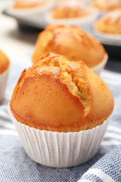 Tasty Muffin Paper Cup Table Closeup — Stock Photo, Image